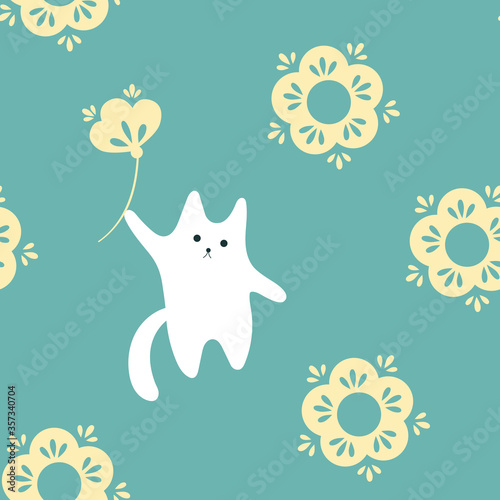 white cat with beige flower on turquoise background seamless pattern