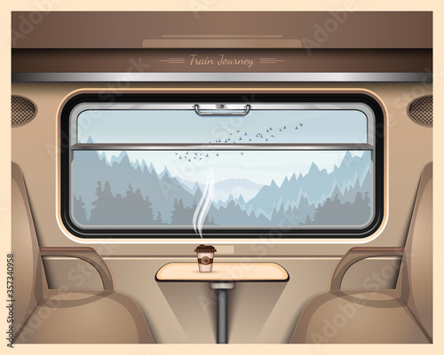 Taiga and mountains outside the train window. A glass of coffee on a table in a train car. Train Journey. Vector illustration