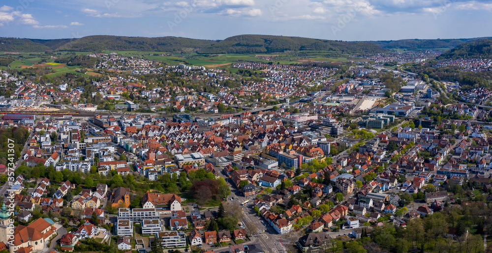 Aerial view of the city Aalen in Germany on a sunny spring day during the coronavirus lockdown.
