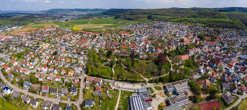 Aerial view of the city Essingen in Germany on a sunny spring day during the coronavirus lockdown.
