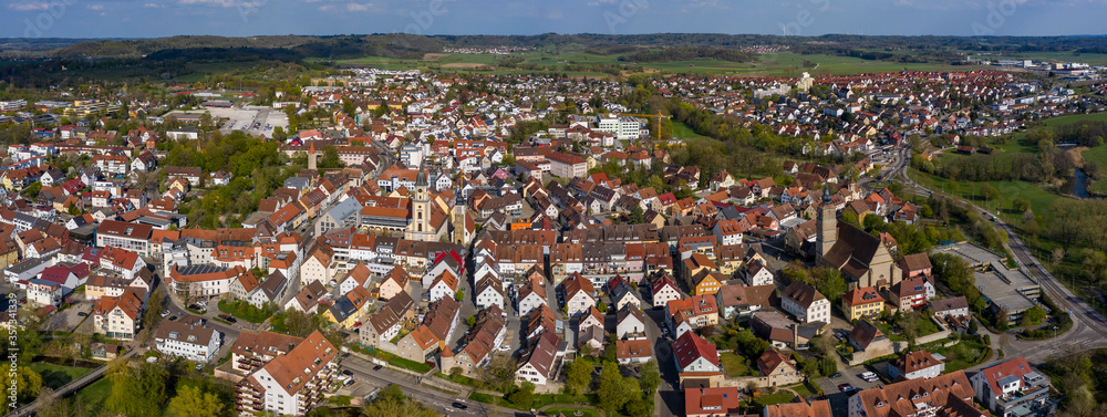 Aerial view of the city Crailsheim in Germany on a sunny spring day during the coronavirus lockdown.
