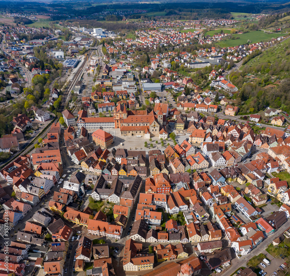 Aerial view of the city Ellwangen in Germany on a sunny day in spring. During the coronavirus lockdown