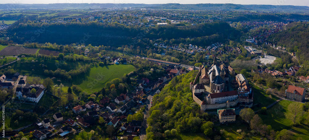 Aerial view of the city Schwäbisch Hall in Germany on a sunny spring day during the coronavirus lockdown.
