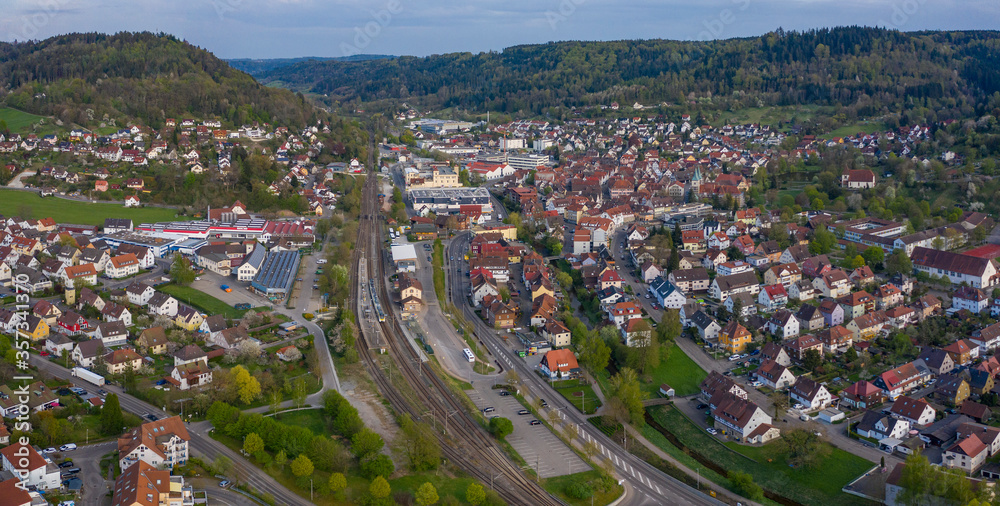 Aerial view of the city Murrhardt in Germany on a sunny spring day during the coronavirus lockdown.

