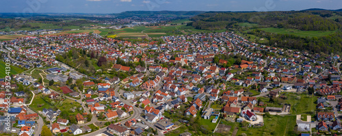 Aerial view of the city Essingen in Germany on a sunny spring day during the coronavirus lockdown.   © GDMpro S.R.O