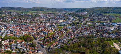 Aerial view of the city Aalen in Germany on a sunny spring day during the coronavirus lockdown. 