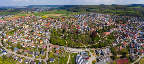 Aerial view of the city Essingen in Germany on a sunny spring day during the coronavirus lockdown. 