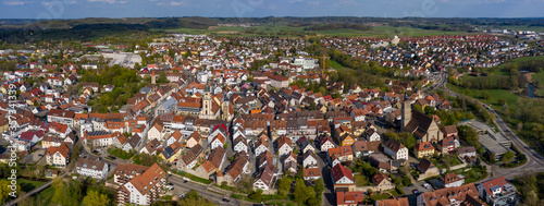 Aerial view of the city Crailsheim in Germany on a sunny spring day during the coronavirus lockdown. 