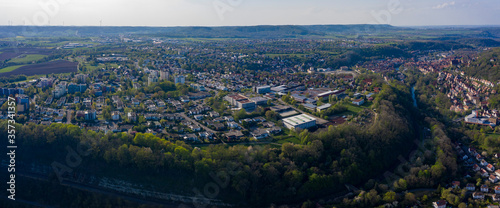 Aerial view of the city Schwäbisch Hall in Germany on a sunny spring day during the coronavirus lockdown. 