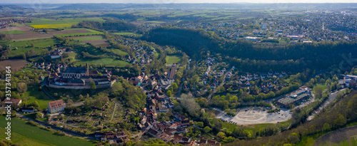 Aerial view of the city Schwäbisch Hall in Germany on a sunny spring day during the coronavirus lockdown. 