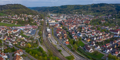 Aerial view of the city Murrhardt in Germany on a sunny spring day during the coronavirus lockdown. 