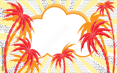 Retro empty comic speech bubble with radial diverging rays like sun. Summer tropical background with palm trees silhouettes. Pop-art style. Template for holiday poster, summer beach party, hot sale