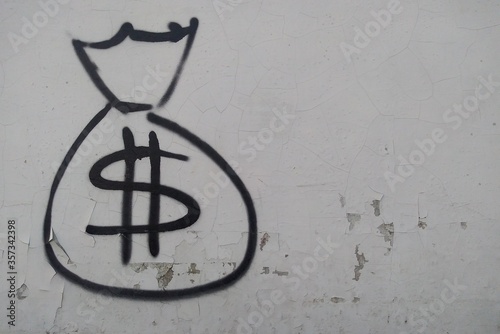 Bag of dollar money symbol on the white wall.