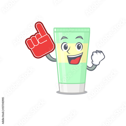 Cleansing foam in cartoon drawing character design with Foam finger