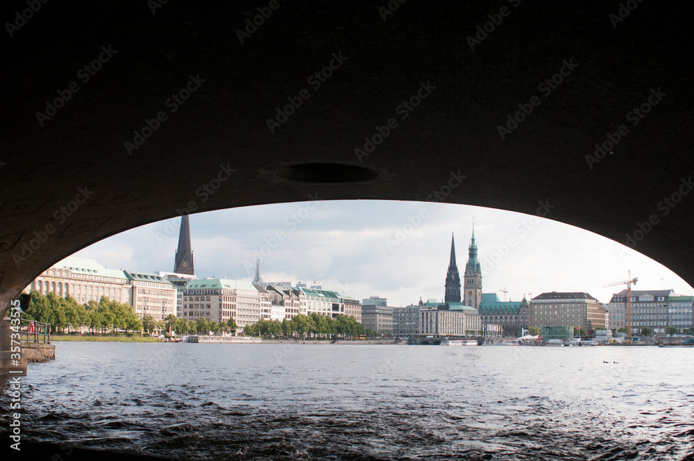 Fototapeta premium The skyline of Hamburg from under the bridge from the ferry. The ferry is one of the best way to travel around the city.