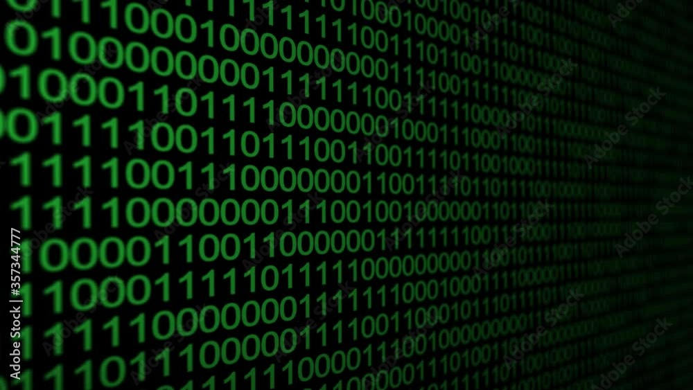 Animation of binary code. Black and green background with digits moving on screen.