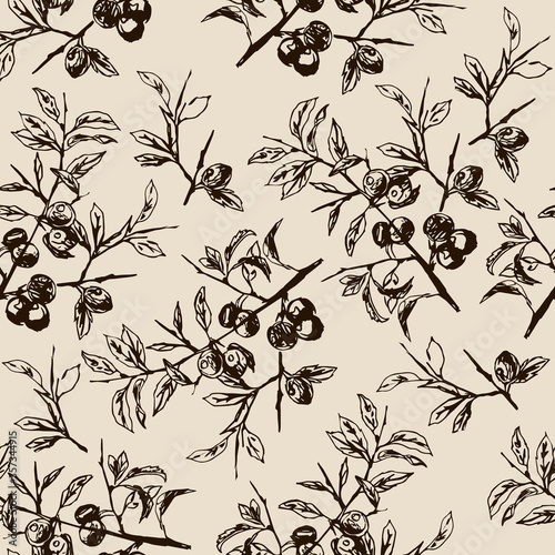 Seamless floral pattern with silhouettes of blackthorn branches with fruit. 