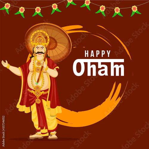 Cheerful King Mahabali Character with Brush Stroke Effect on Brown Background for Happy Onam Celebration.