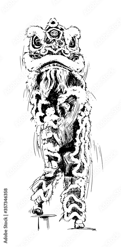 Fototapeta premium Vector hand drawn illustration of Chinese lion dance