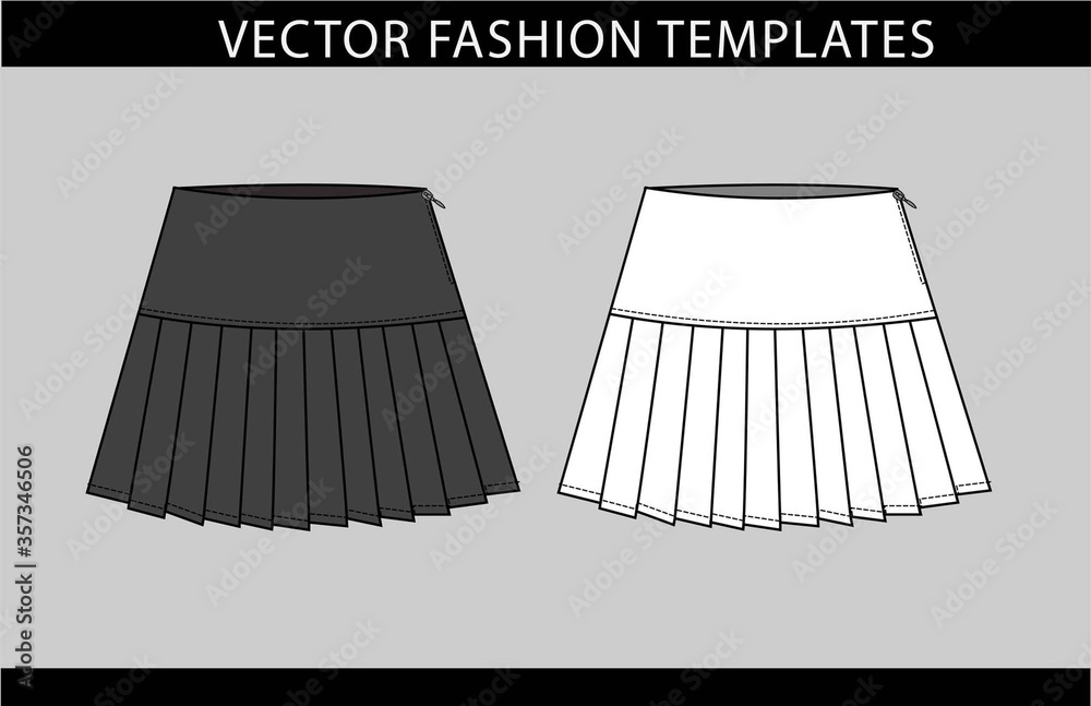 Poster Print SKIRT fashion flat sketch template pleated skirt front and back 40x26.7 cm