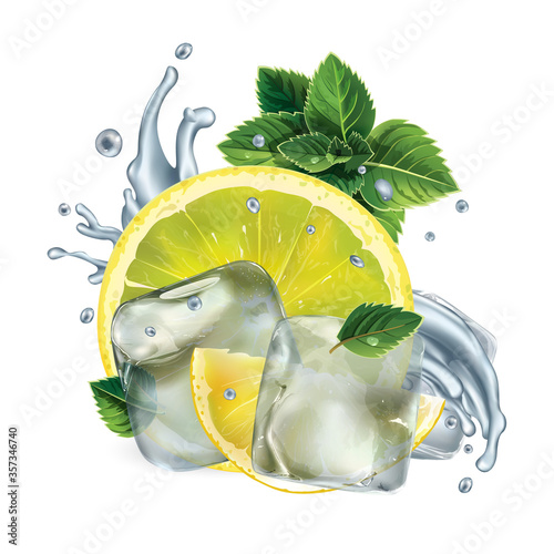 Lemon slices, mint leaves and water splash with ice cubes