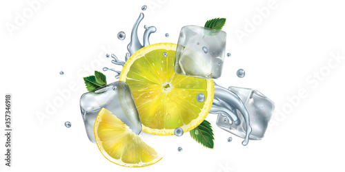 Sliced lemon, mint leaves and ice cubes with water splash