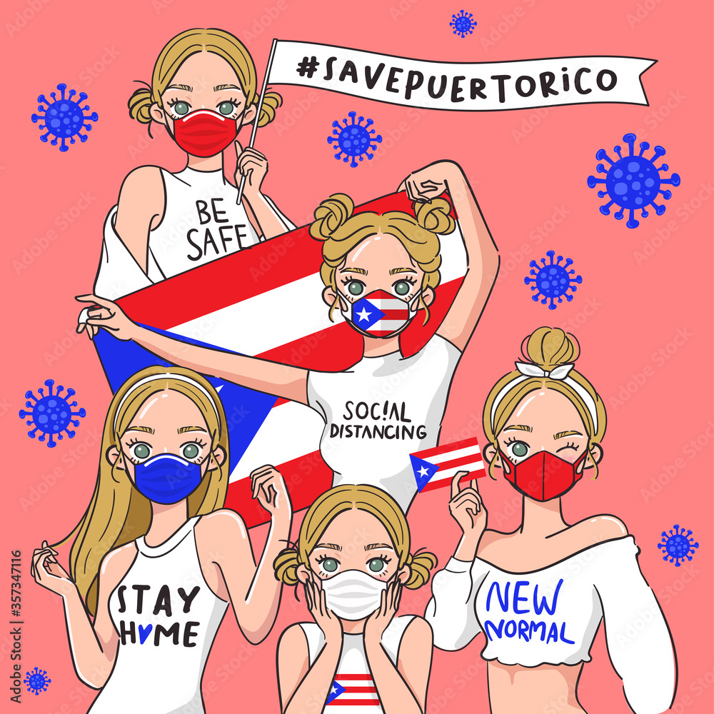 Vector Illustration for Campaign on Covid-19 Prevention : Set of pretty girls wearing medical mask and holding national flag Vector Illustration for Campaign on Covid-19 Prevention : Set of pretty girls wearing medical mask and holding national flag
