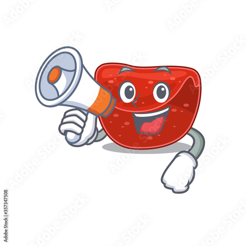 Mascot design of meatloaf announcing new products on a megaphone