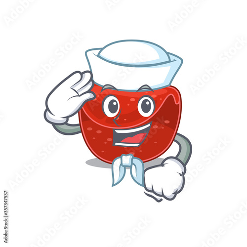 Smiley sailor cartoon character of meatloaf wearing white hat and tie