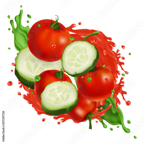 Cherry tomatoes and cucumber slices in splashes of vegetable juice