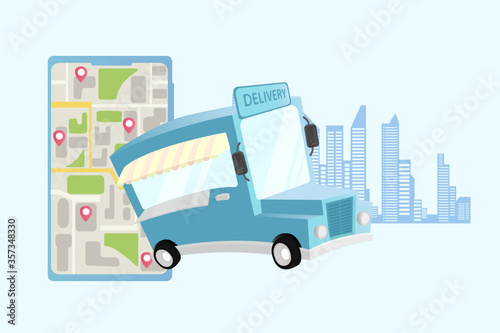 Online ordering through the application with a bus delivery staff.Vector illustration in lineart style.