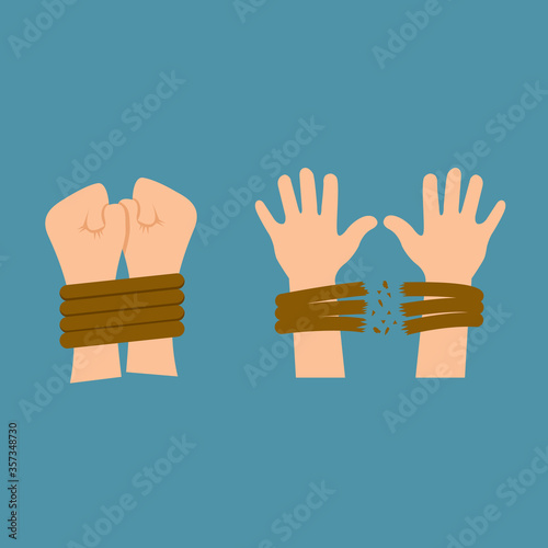 Hands tied with a rope and hand tearing a rope icon isolated on blue background