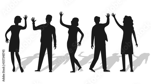 Silhouettes of people waving hand isolated on white with shadow. People wave their hands and greet each other. Vector, cartoon illustration of waving people.