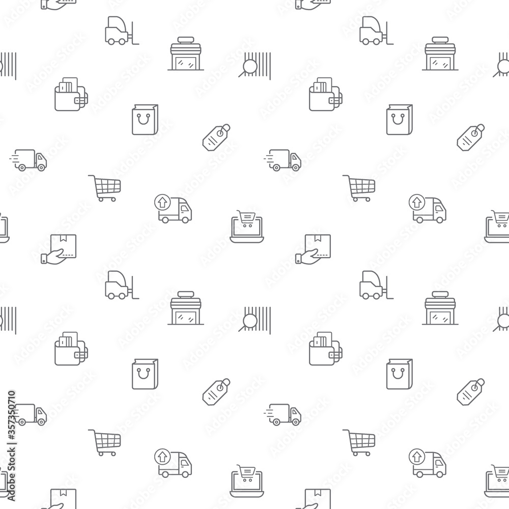 Seamless pattern with e-commerce and shopping icon on white background. Included the icons as store, delivery, package, box, coupon, cart, adding, shipping, tags, market and other elements.