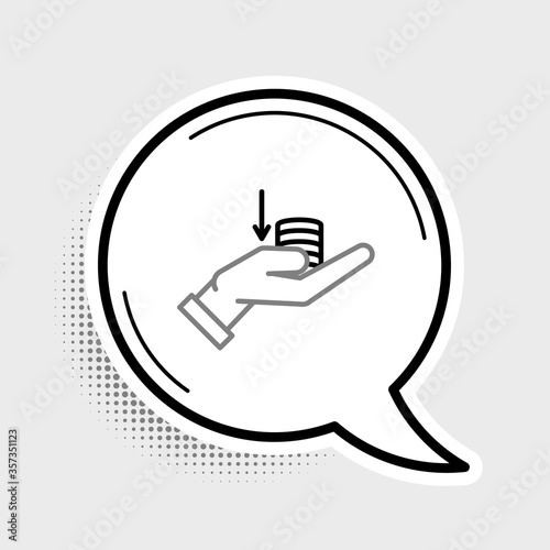 Line Money on hand icon isolated on grey background. Palm holds cash with down. Cash salary decrease. Colorful outline concept. Vector