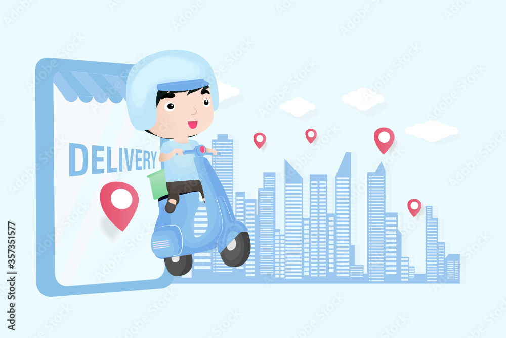 Online ordering via application with delivery staff, Vector illustration in lineart style.