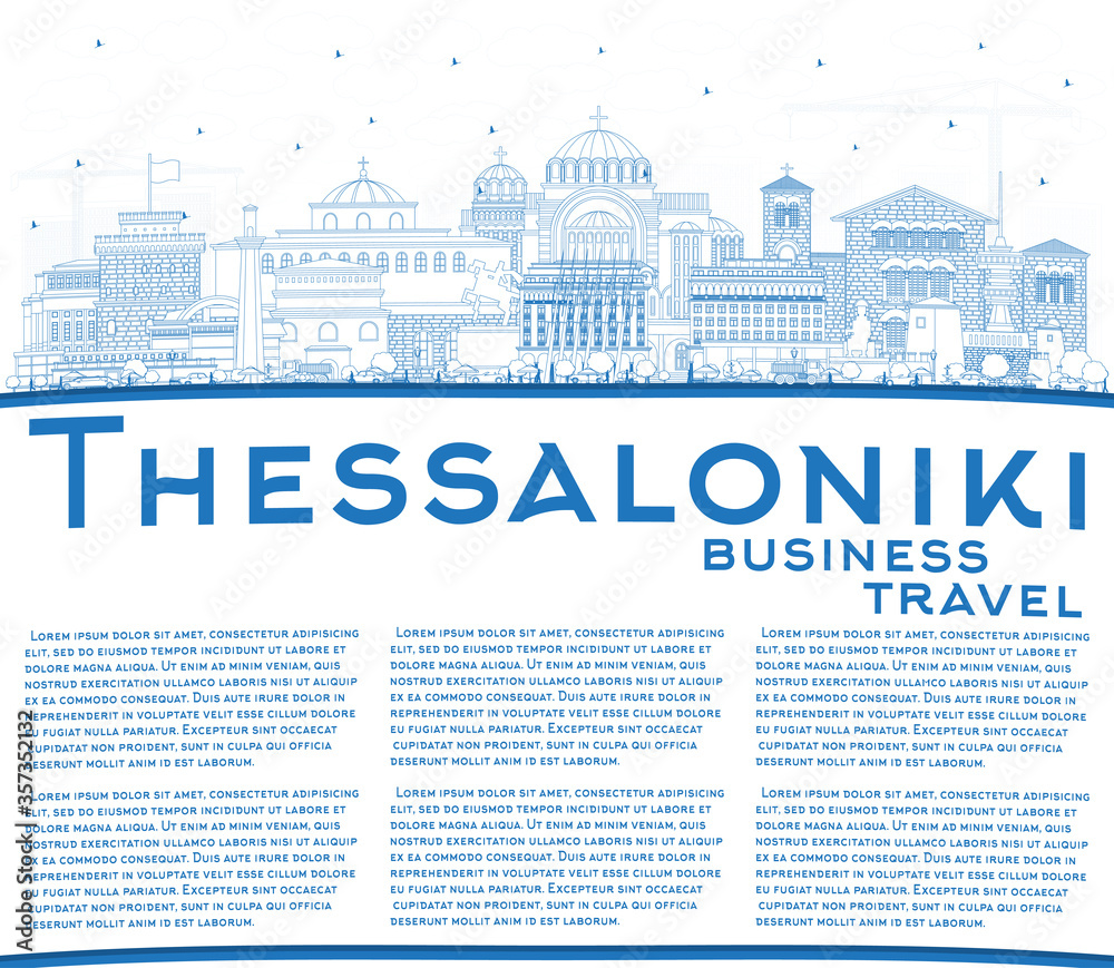 Outline Thessaloniki Greece City Skyline with Blue Buildings and Copy Space.