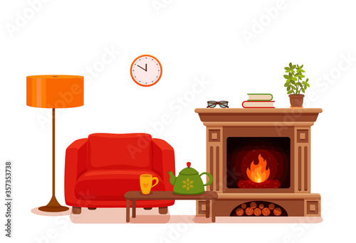 Colorful vector cozy interior warm bright winter illustratio