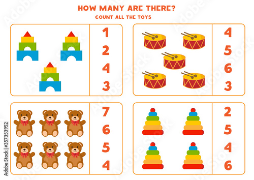 Educational math game for kids. Set of cute cartoon colorful toys.