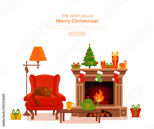 Christmas room interior in colorful cartoon flat style.