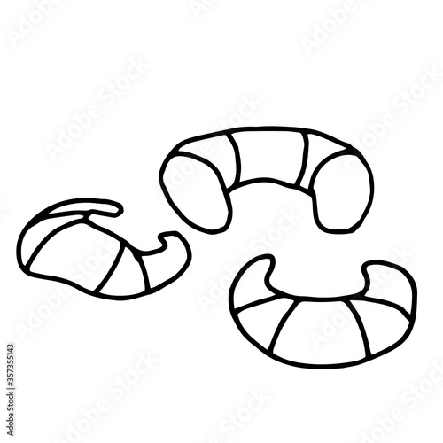 Hand drawing croissants.Simple minimal goodies product picture in doodle.Usable as icon or symbol.Decoration element. Hand drawn black sketch. Stock vector illustration isolated on white background.