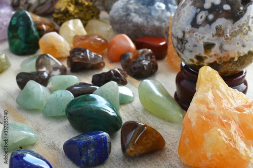 A close up image of several different energy healing crystals used for different types of energy healing. 