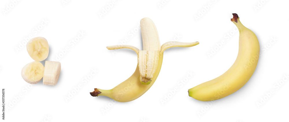 fresh whole, half and sliced banana, set, white background, close view