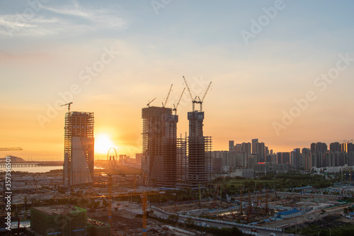 construction site at sunset