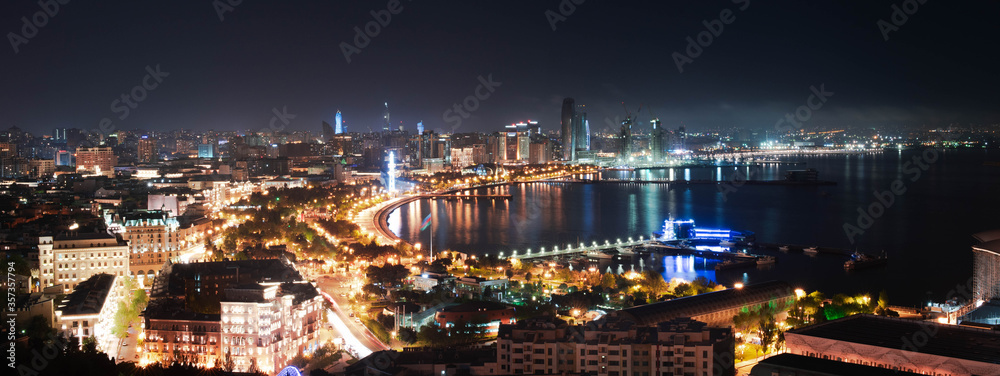 spring night panorama of Baku city, coast and promenade