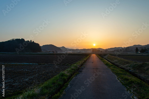 美しい朝日へと続く田園の道路