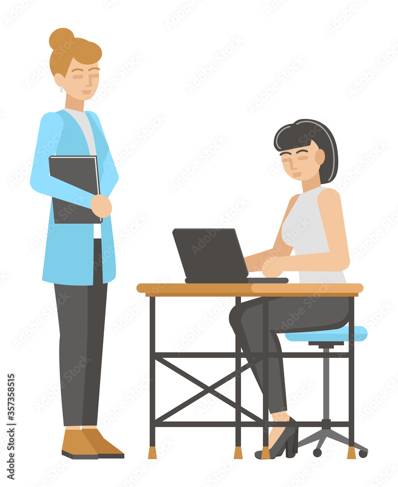 Women in the office. Working process. Flat design. Vector illustration. Women in the office. Working process. Flat design. Vector illustration.