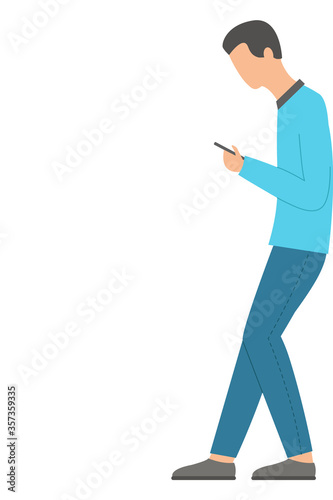 The man is leaning back against the wall, looking at the phone. Isolated on a white background. Flat design. Vector illustration.