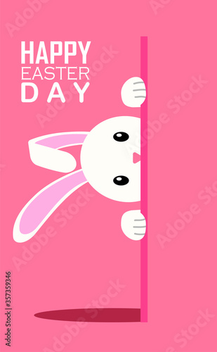 Easter day with bunny peeking behind the wall vector illustration
