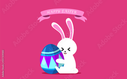 Happy easter day, white bunny hugs the egg